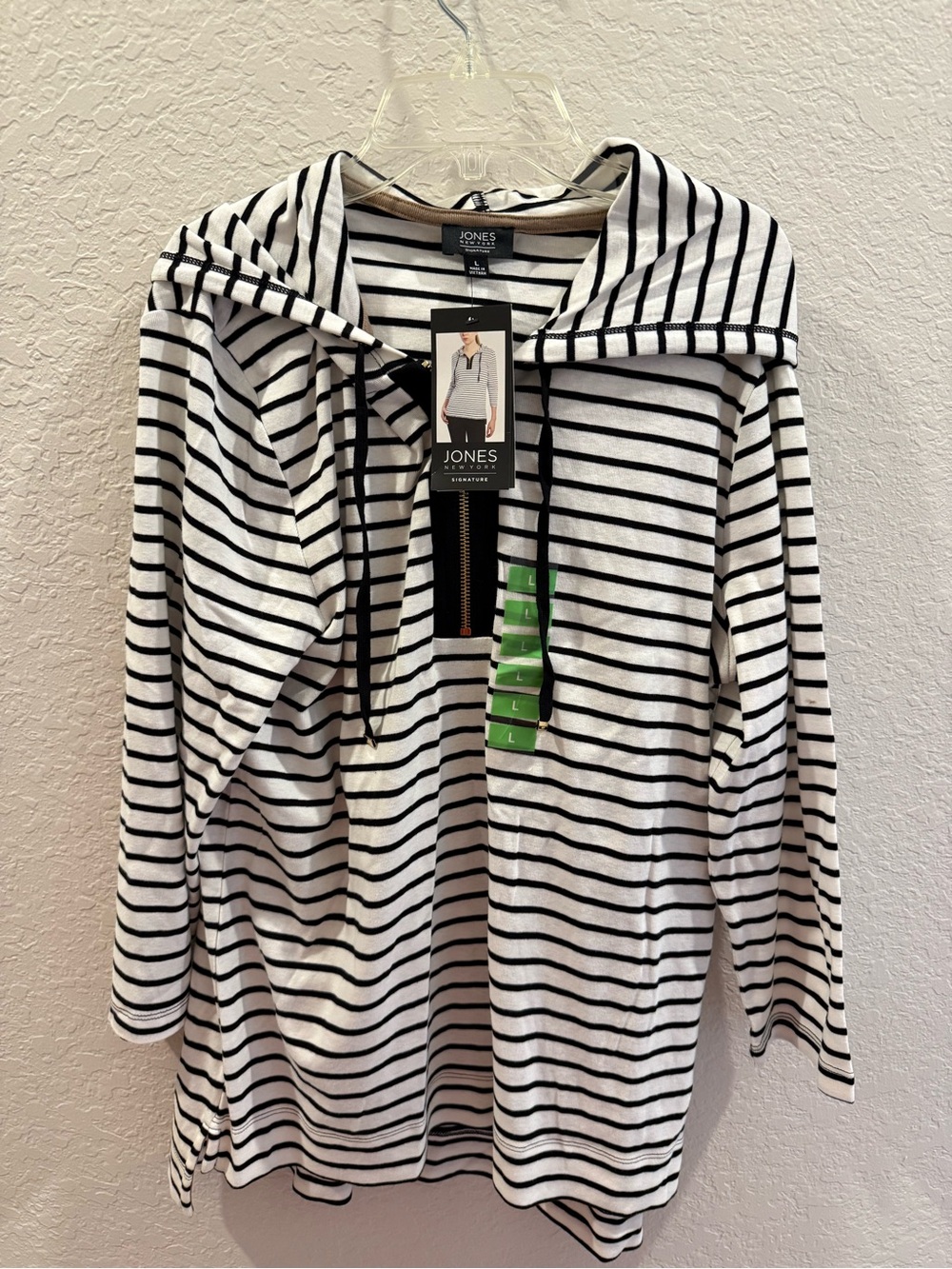 Jones New York Black & White Striped Hooded Tunic